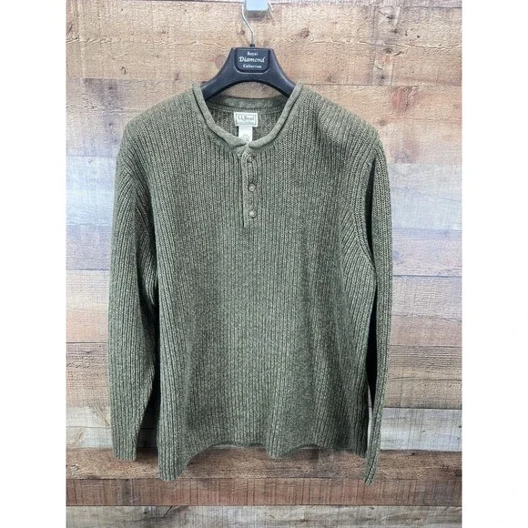 Men's Ll Bean Henley Sweater Men's Black 100% Wool Long Sleeve Commando  Henley Sweater